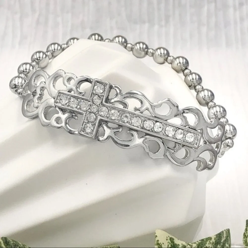 🌼 Sideways Cross Silver Tone Beaded Stretch Bracelet